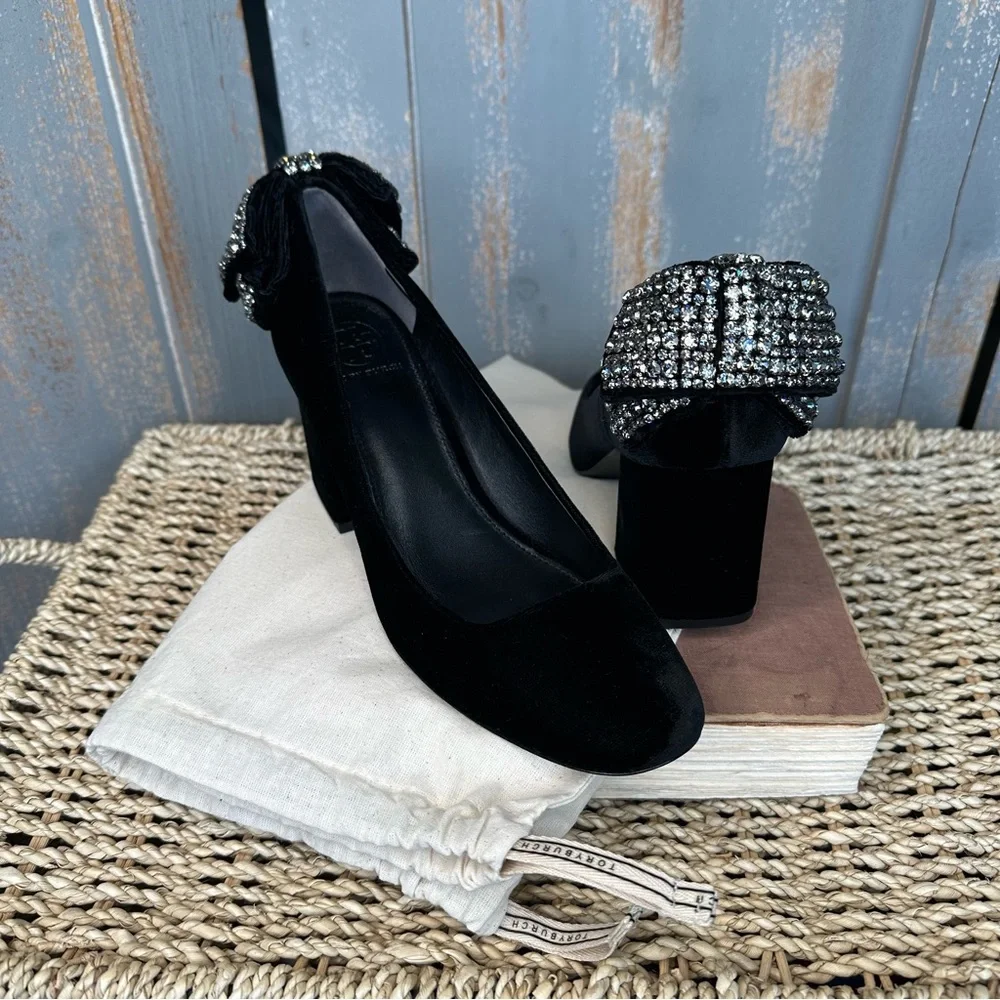 Tory Burch Josephine Velvet Rhinestone Bow Pump Black Sz 7.5 - Picture 1 of 16